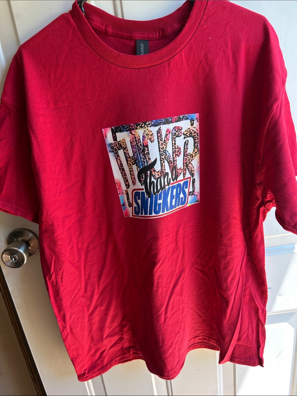 Gildan Red Short Sleeve Tee with Colorful Snickers Graphic